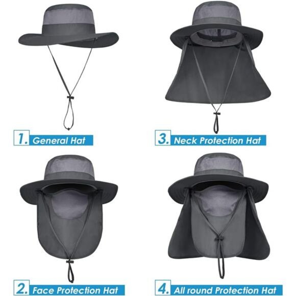 Mens Outdoor Sun Hat with Face Neck Flap UV Protection Wide Brim Fishing Hat - Picture 2 of 8